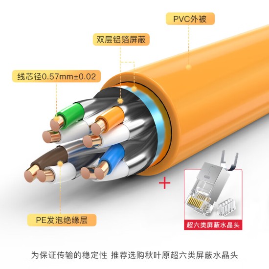 秋叶原（CHOSEAL） 超六类双屏蔽网线 CAT6A类家装工程万兆网络连接线 纯铜线芯宽带箱线
